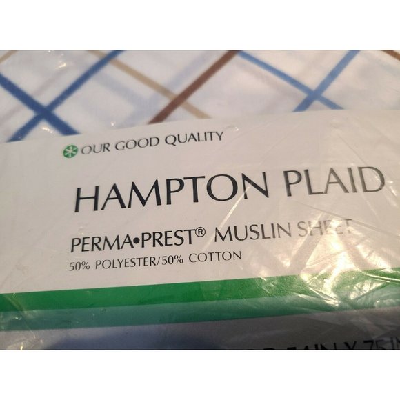 Vtg Sears Hampton Plaid  Full Flat Sheet Perma Prest Muslin 82X96 New Old Stock - Picture 5 of 8